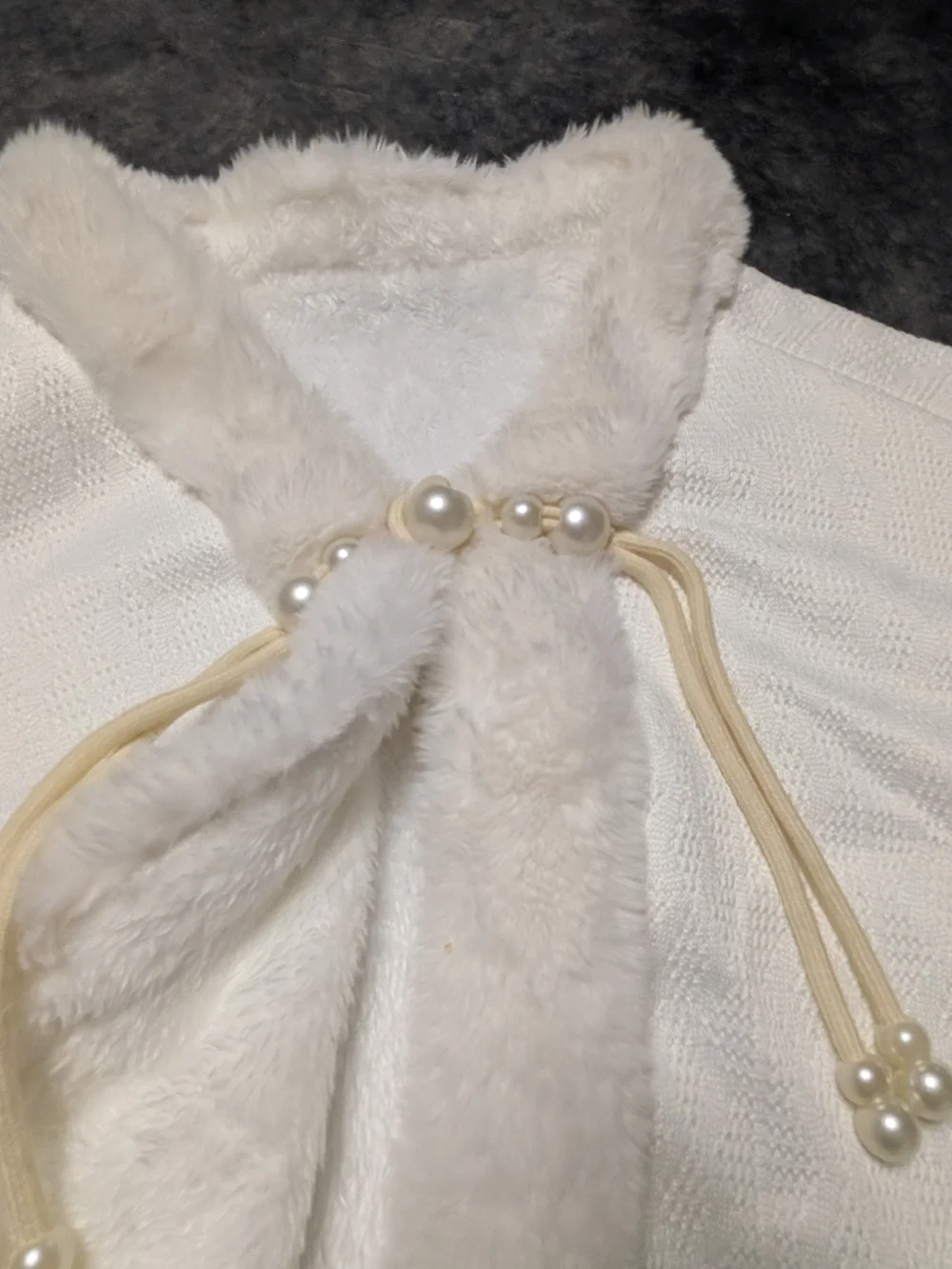 White Formal Faux Fur Trim Hooded Cape with Pearl Ties